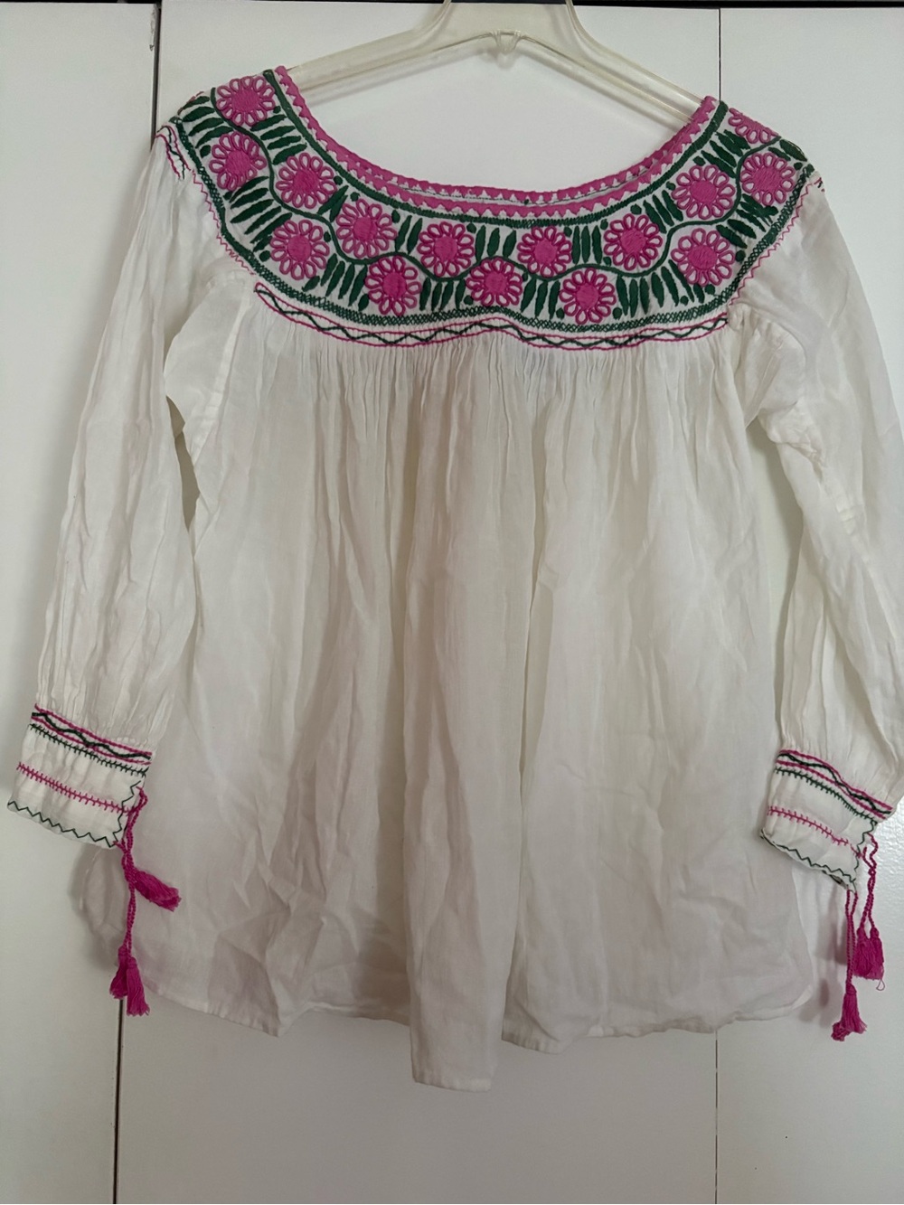White Mexican Hand made Embroidered Peasant Blouse with Pink & Green Floral Yoke - Picture 2 of 4